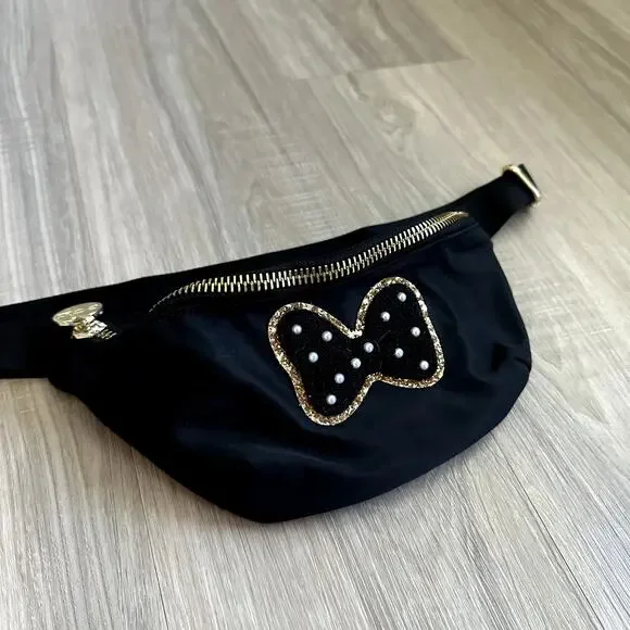 Stoney Clover Lane Black Fanny Pack with Disney Minnie Mouse Pearl Bow Patch